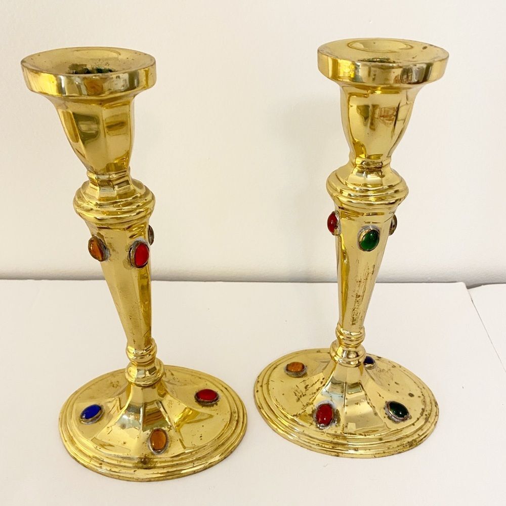 Vintage Brass Jeweled Candlestick Holders